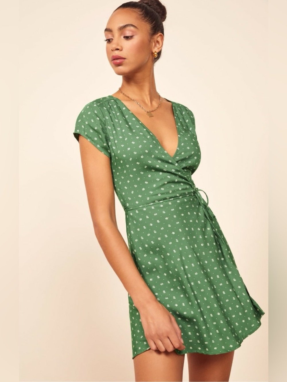 Reformation Green Mini Wrap Dress with Tiny White Floral Print - 2